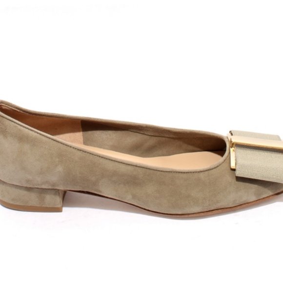 ITALIAN Khaki Suede Leather Gold Bow Shoes - Picture 3 of 8